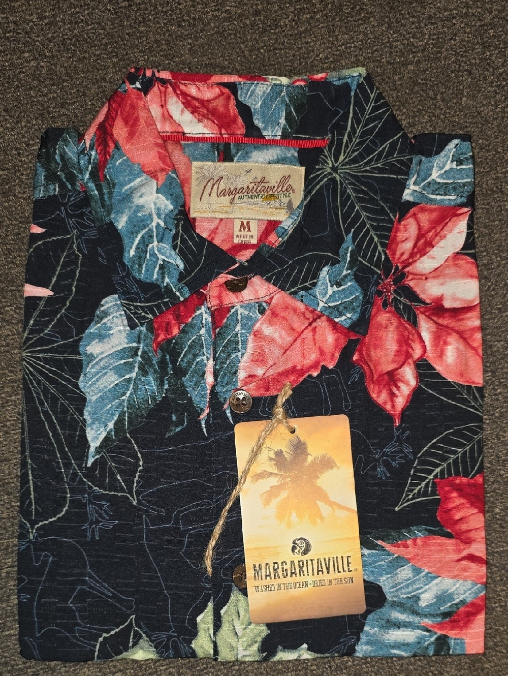 Margaritaville Navy Button-Down Shirt with Red and Blue Tropical Print